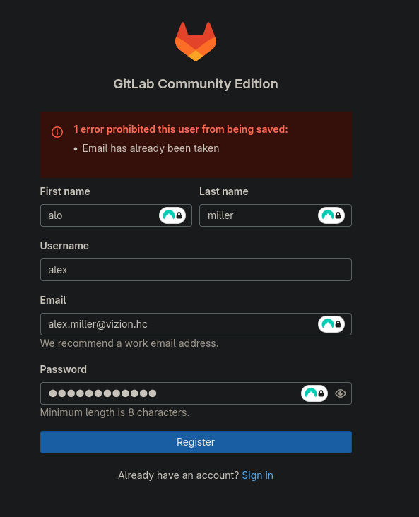 GitLab alex.miller registration error user already exists