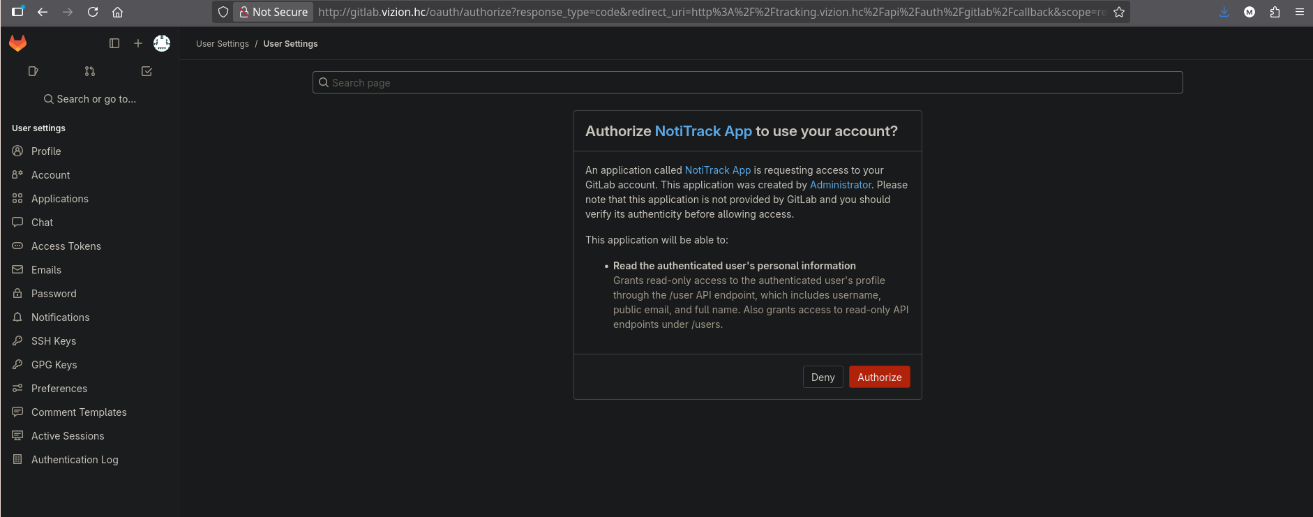 Gitlab authorization on our created account on gitlab